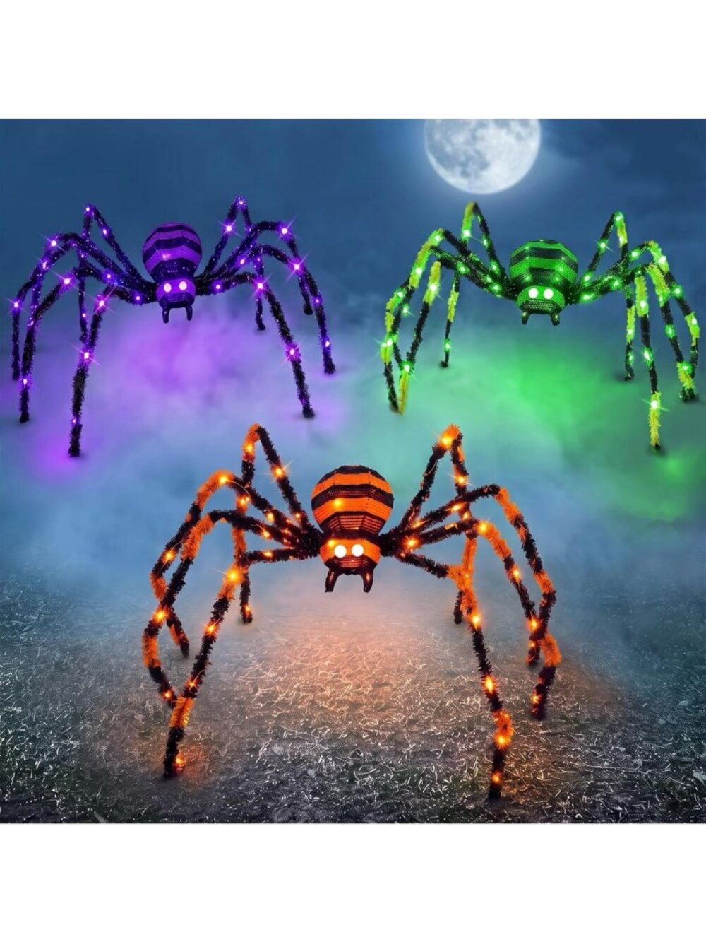 3 Pack Lighted Halloween Spiders - 4.1ft Giant Decor with 8 Lighting Modes